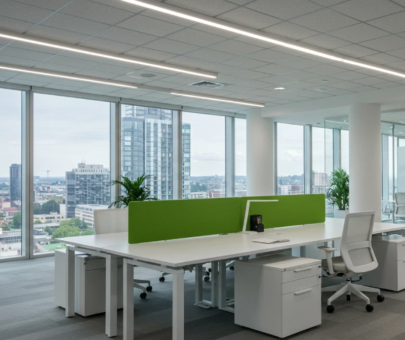 Technician installing LED lighting in an office setting